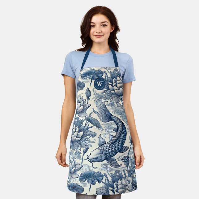 Koi-Fisch-Seerose Blau Chinoiserie Toile Initiale Schürze (Getragen)