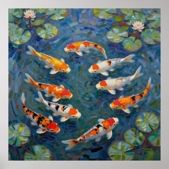 Koi-Fisch-Seerosen-Impressionisten-Teich Poster (Vorne)