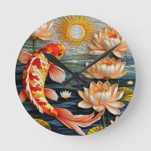 Koi-Fisch umgeben von Lotusblumen Runde Wanduhr