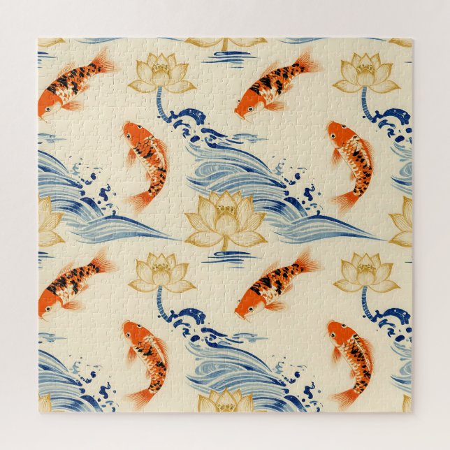 Koi-Fisch und Lotus Nahtloses Muster Puzzle (Vertikal)