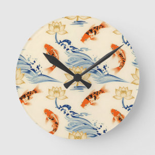 Koi-Fisch und Lotus nahtloses Muster Runde Wanduhr