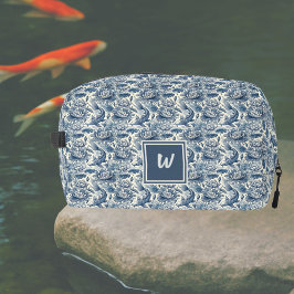 Koi-Fisch und Wasserlilien Blau Chinoiserie Monogr Waschbeutel