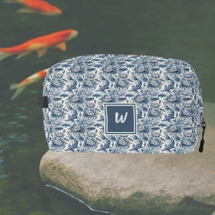 Koi-Fisch und Wasserlilien Blau Chinoiserie Monogr Waschbeutel
