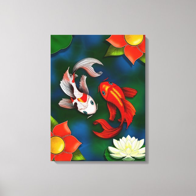 Koi-Fisch und Weißer Lotus-Lily-Pad-Teich Leinwanddruck (Vorderseite)