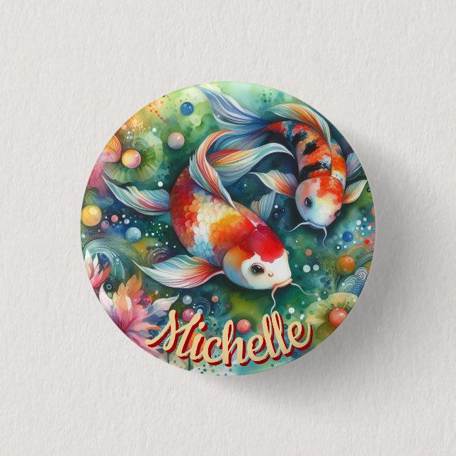 Koi Fisch Whimsisches Wasser Orange Personalisiert Button (Vorderseite)