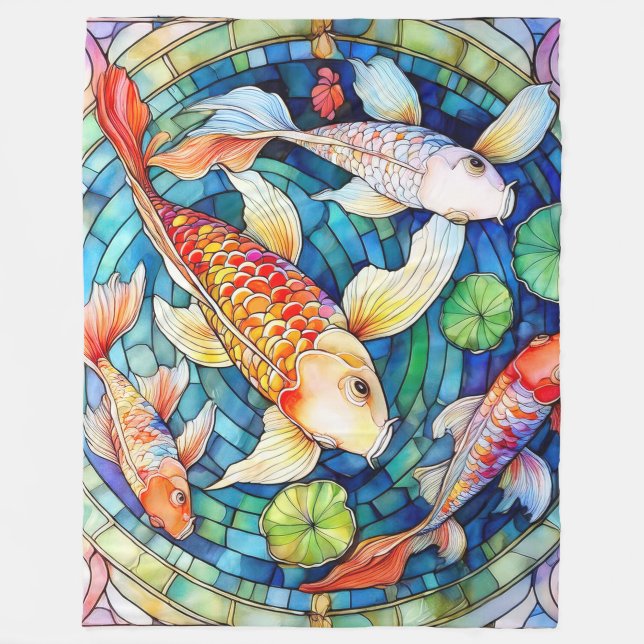 Koi-Fische in Bleiglas  Fleecedecke (Vorderseite)