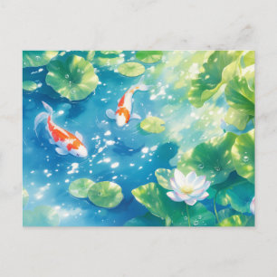Koi-Fische schwimmen im schimmernden blauen Lotus- Postkarte