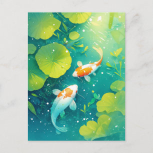 Koi-Fische schwimmen im sonnendurchfluteten grünen Postkarte