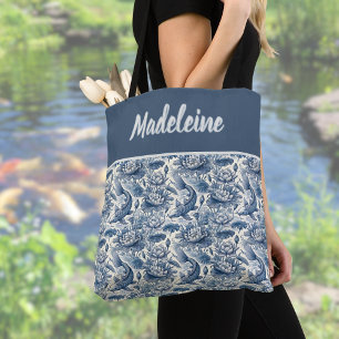 Koi-Fische und Wasserlilien Blau Chinoiserie Monog