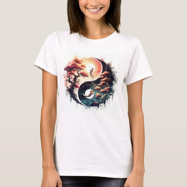 Koi Fish and Cherry Blossom Yin Yang T-Shirt (Vorderseite)