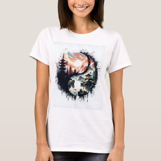 Koi Fish and Temple Yin Yang T-Shirt (Vorderseite)