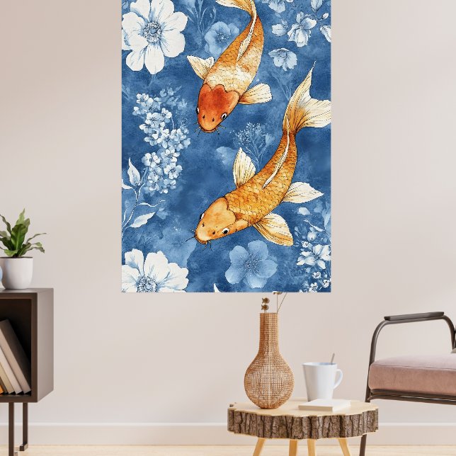  koi fish and the deep indigo blue of the floral  poster (Wohnzimmer 3)