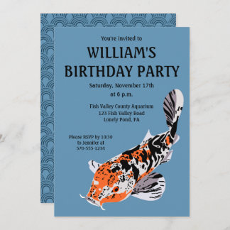 Koi Fish Illustration Orange, Blue Birthday Party Einladung