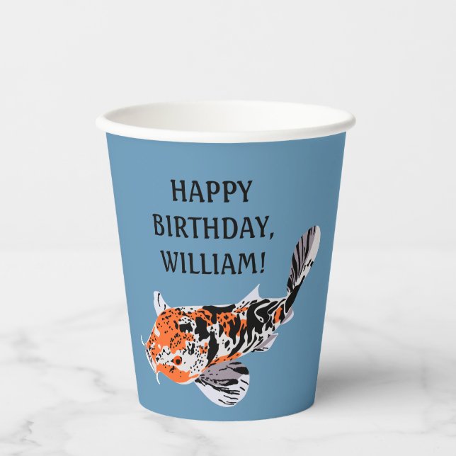 Koi Fish Illustration Orange, Blue Birthday Party Pappbecher (Vorderseite)