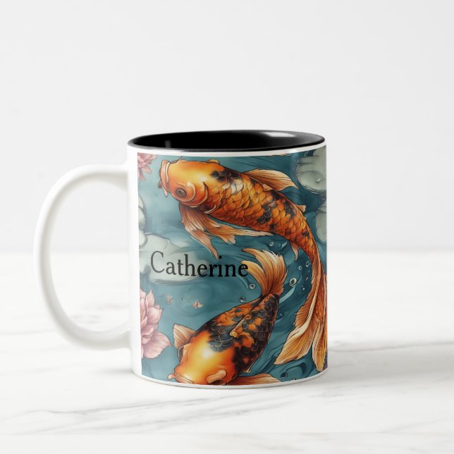 Koi Fish, Koi Fish Pair, Japanisch, Personalisiert Zweifarbige Tasse (Links)