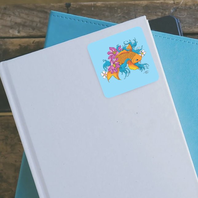 Koi Fish Lotus Cherry Blossoms Quadratischer Aufkleber (Von Creator hochgeladen)