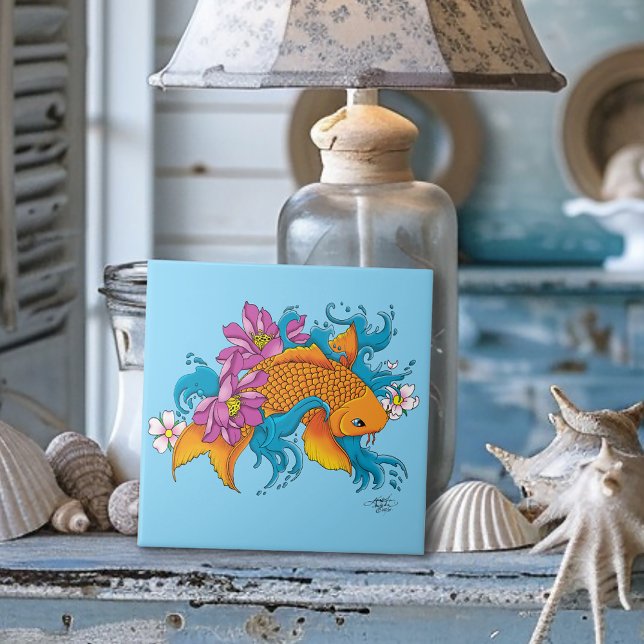 Koi Fish Lotus Chery Blossoms Fliese (Von Creator hochgeladen)