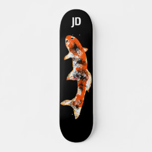 Koi Fish on Black Custom Initials Skateboard