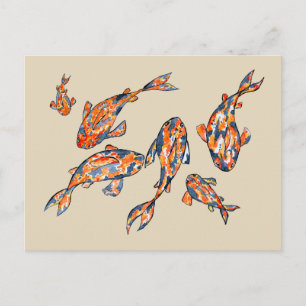 Koi Fish Pond beige Watercolor Postcard Postkarte