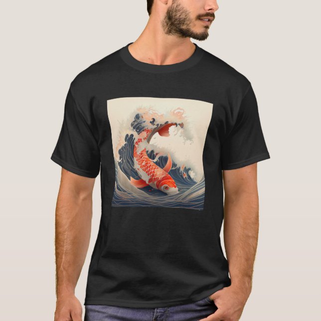 Koi Fish Schwimmen im japanischen Stil große Welle T-Shirt (Vorderseite)