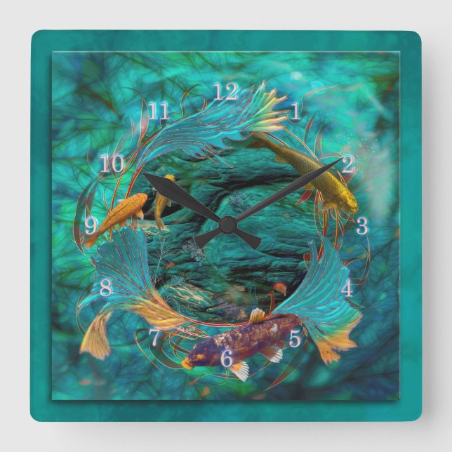 Koi Fish SWIMMING IN FRIEDEN Quadratische Wanduhr (Vorderseite)