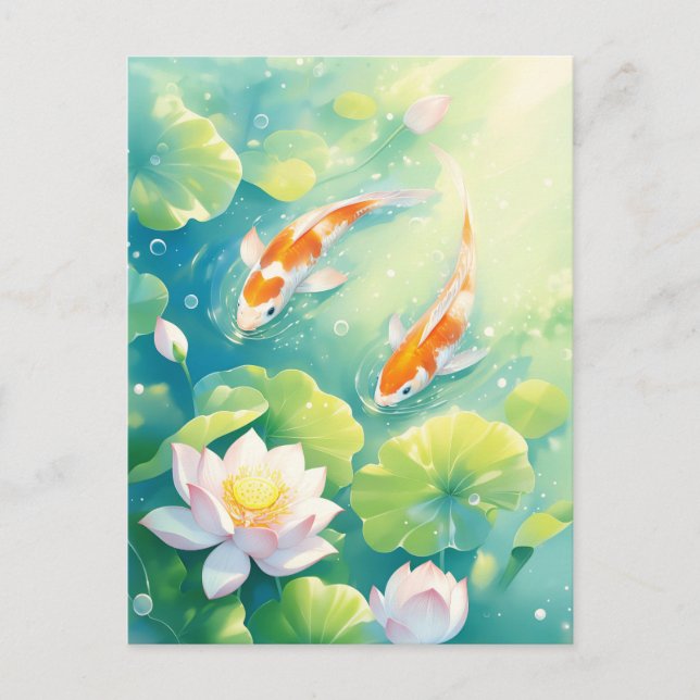 Koi Fish Swimming in Pink Lotus Flower Pond Postkarte (Vorderseite)