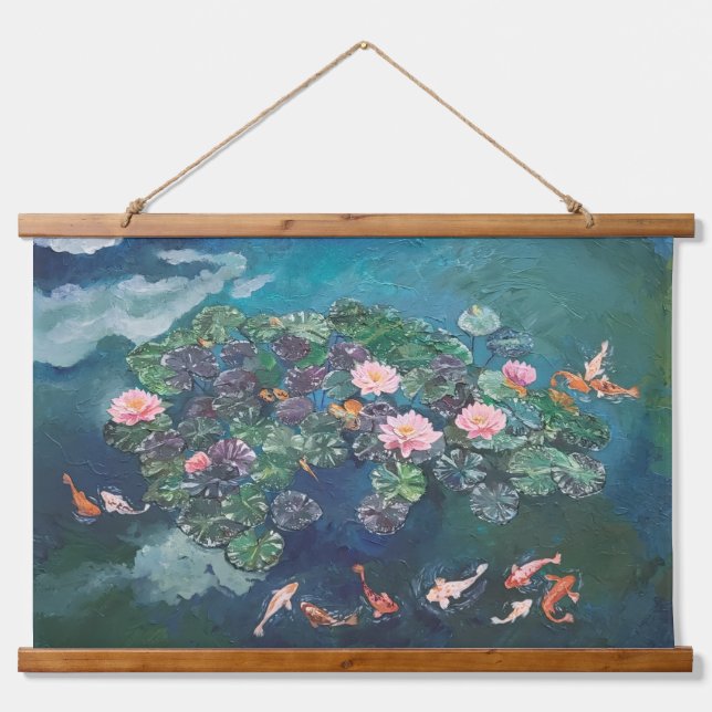 Koi Fish Wasserlilien Malerei Tapestry Wandteppich Mit Holzrahmen (Vorne)