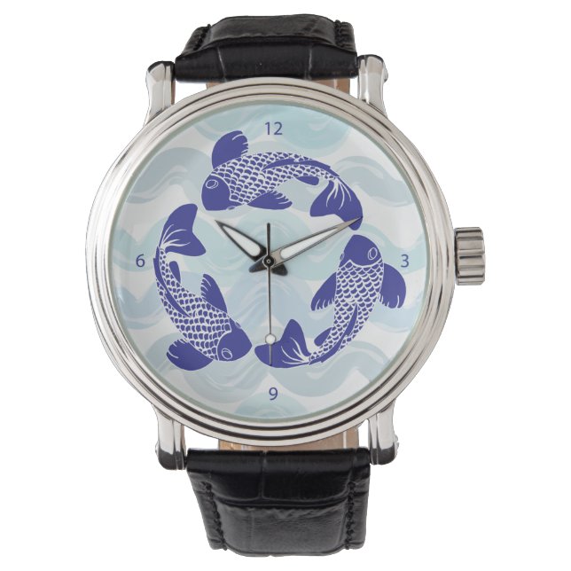 Koi Fish Watch Black Leather Strap Armbanduhr (Vorderseite)