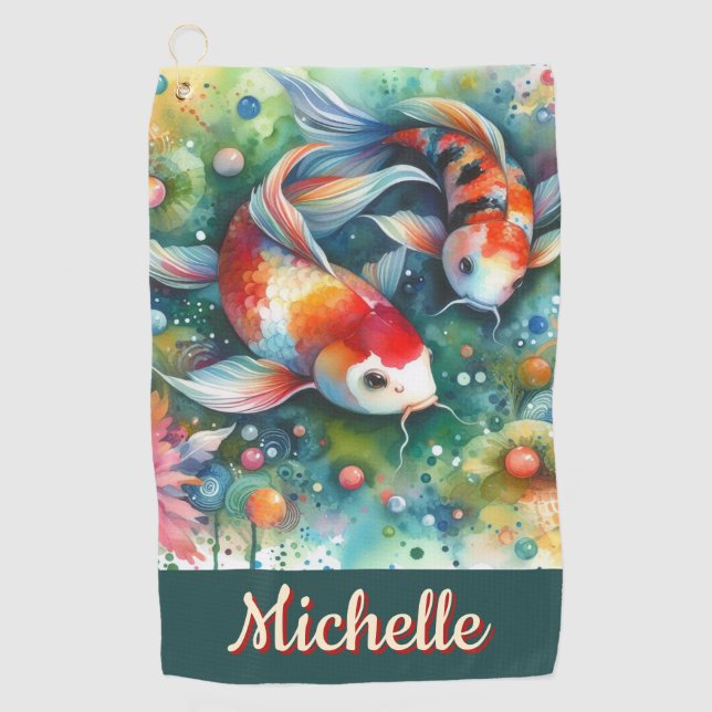 Koi Fish Whimsical Watercolor Personalisiert Golfhandtuch (Vorderseite)