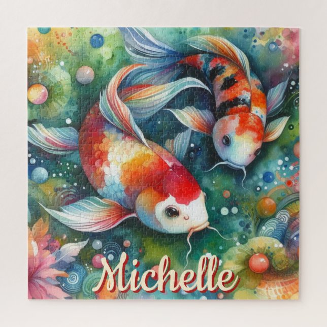 Koi Fish Whimsical Watercolor Personalisiert Puzzle (Vertikal)