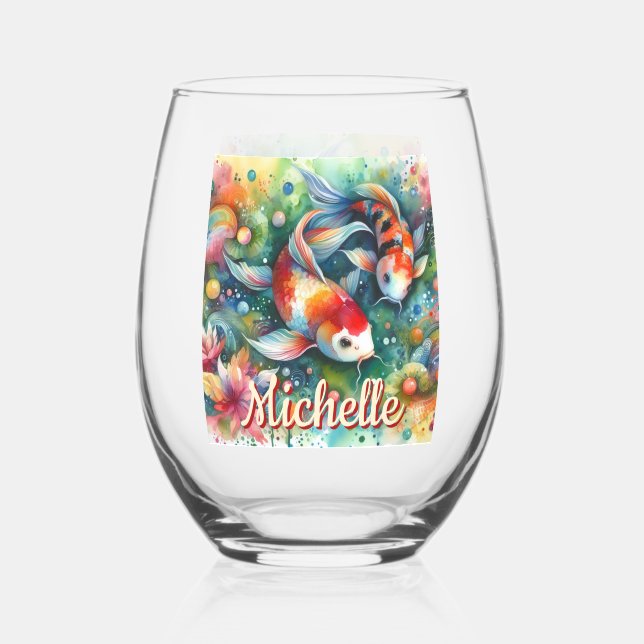 Koi Fish Whimsical Watercolor Personalisiert Weinglas Ohne Stiel (Vorderseite)