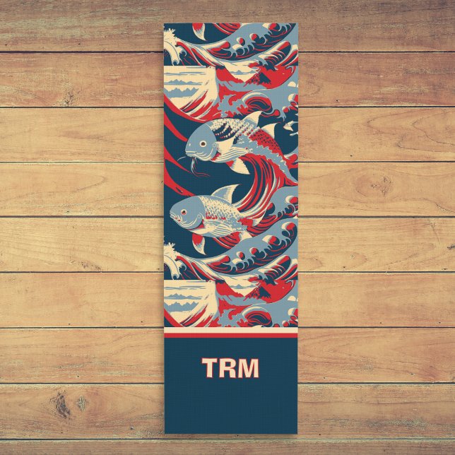 Koi Fish with Red Blue Great Wave Monogram Yogamatte (Von Creator hochgeladen)