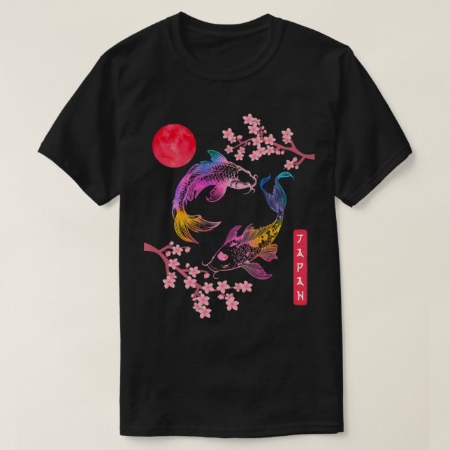 Koi p Fish Sakura Red Rainbow Sun Japanischer Kirs T-Shirt (Design vorne)