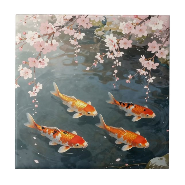 Koi Pond Cherry Blossom Serenity Fliese (Vorderseite)