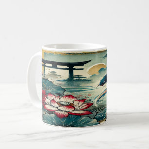 Koi Serenity: Lotus und Torii unter Mondlicht Kaffeetasse