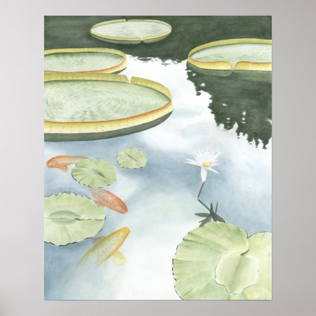Koi-Teich-Reflektion mit Fisch und Lilien Poster (Vorne)