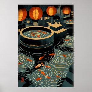 Koi-Wandkunstdruck Kreisförmige Teiche und Laterne Poster