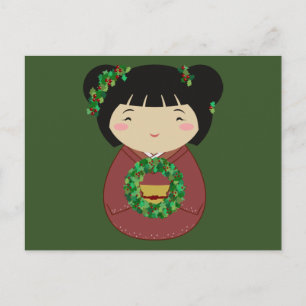 Kokeshi Christmas Wreath Feiertagspostkarte