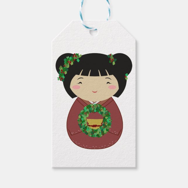 Kokeshi Christmas Wreath Geschenkanhänger (Vorderseite)