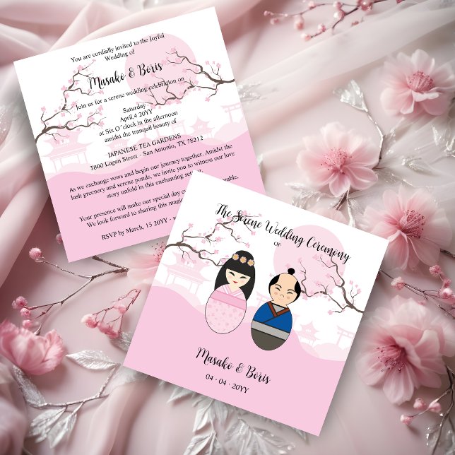 Kokeshi Couple Japanese Inspired Themed Einladung (Kokeshi Couple Japanese Inspired Themed Traditional Landscape Garden in Pink Wedding Invitation Card)
