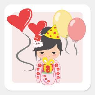 Kokeshi Doll Birthday Party Quadratischer Aufkleber