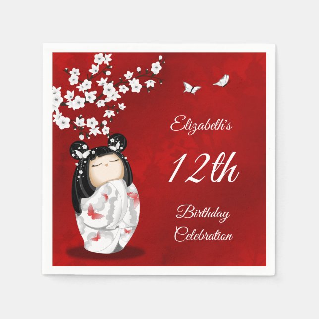 Kokeshi Doll Cherry Blossom | Girl´s Birthday Napk Serviette (Vorderseite)