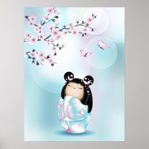 Kokeshi Doll Cherry Blossom Türkis Girls Poster
