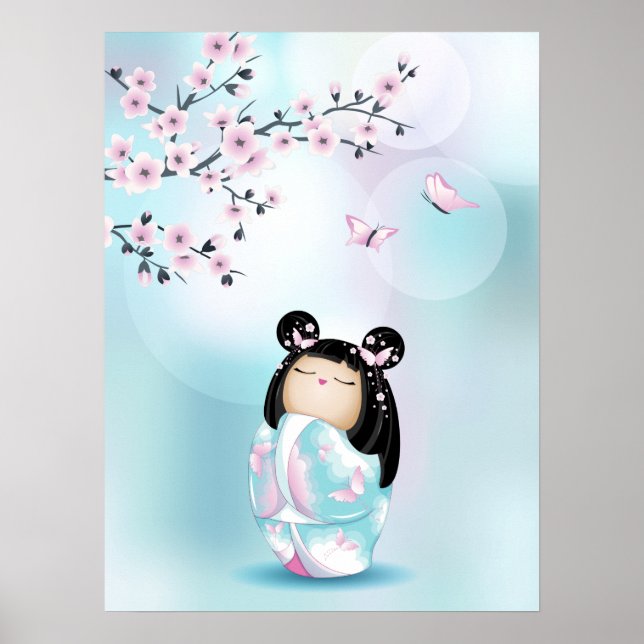 Kokeshi Doll Cherry Blossom Türkis Girls Poster (Vorne)