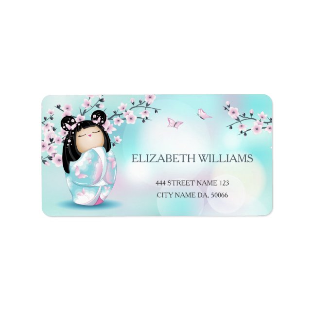 Kokeshi Doll Cherry Blüten Adressaufkleber (Vorne)