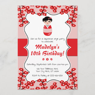 Kokeshi Doll Geburtstagsfeier Einladung  Japanisch
