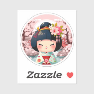 Kokeshi Doll Green mit Landschaft, Kokeshi Sticker