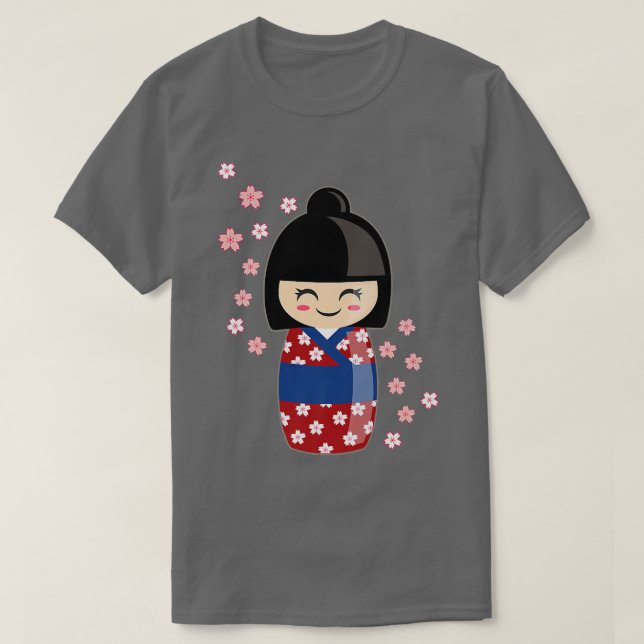 Kokeshi Doll Kawaii in Japanisch Kimono und Sakura T-Shirt (Design vorne)