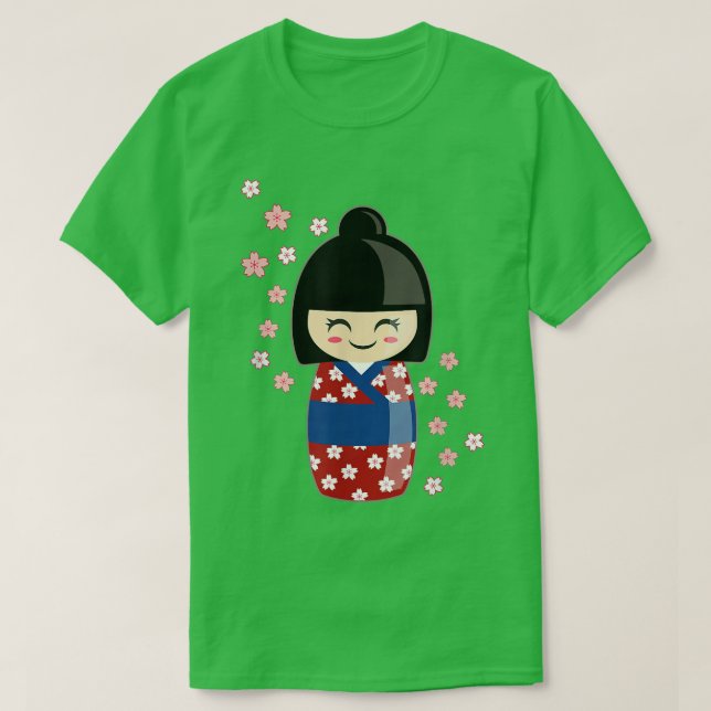Kokeshi Doll Kawaii in Japanisch Kimono und Sakura T-Shirt (Design vorne)