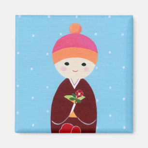Kokeshi Doll mit Kamelien Magnet